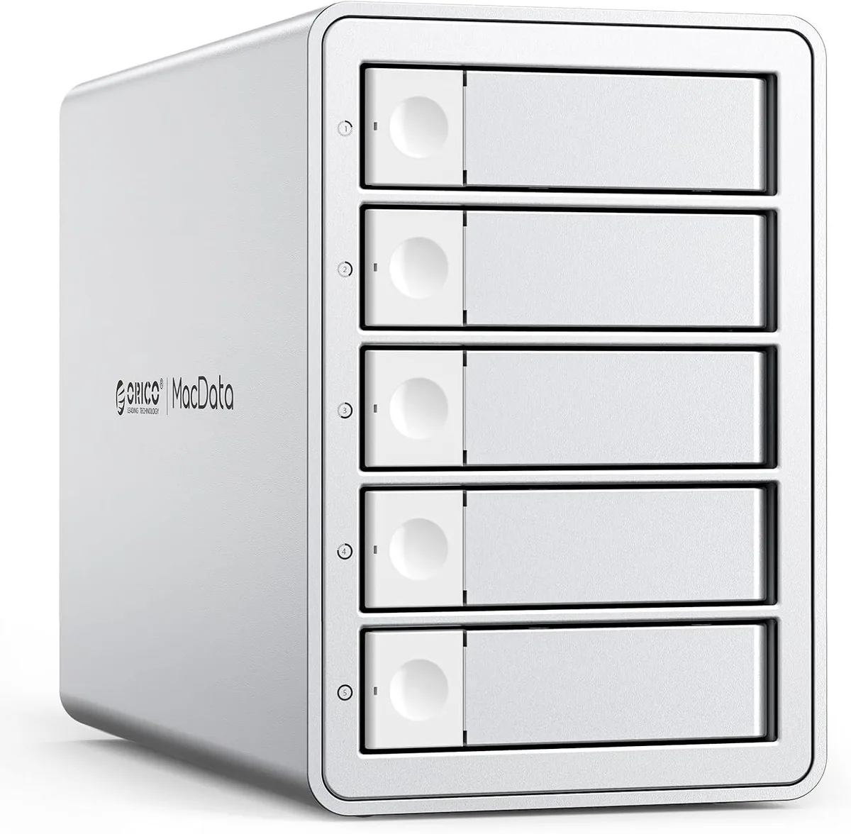 Silver five-bay aluminum enclosure with front drive trays and cooling fan