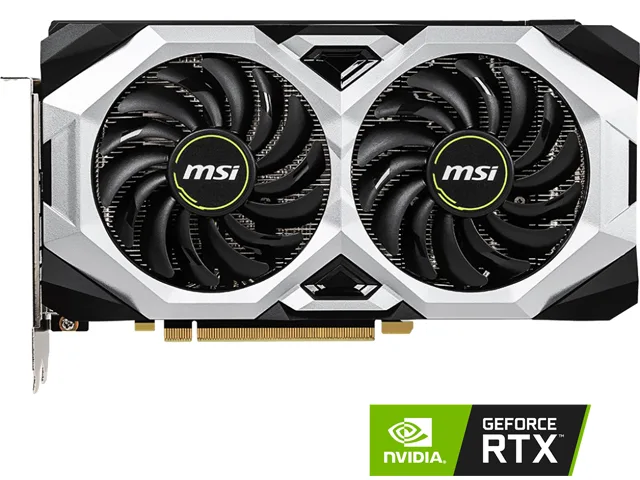 Black dual-fan graphics card with silver backplate and PCIe bracket