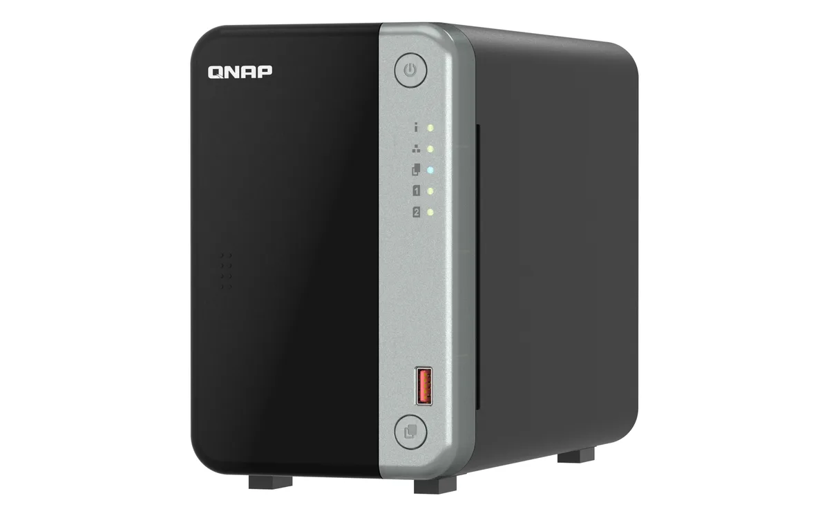 Compact white two-bay desktop NAS unit with front drive trays and status LEDs