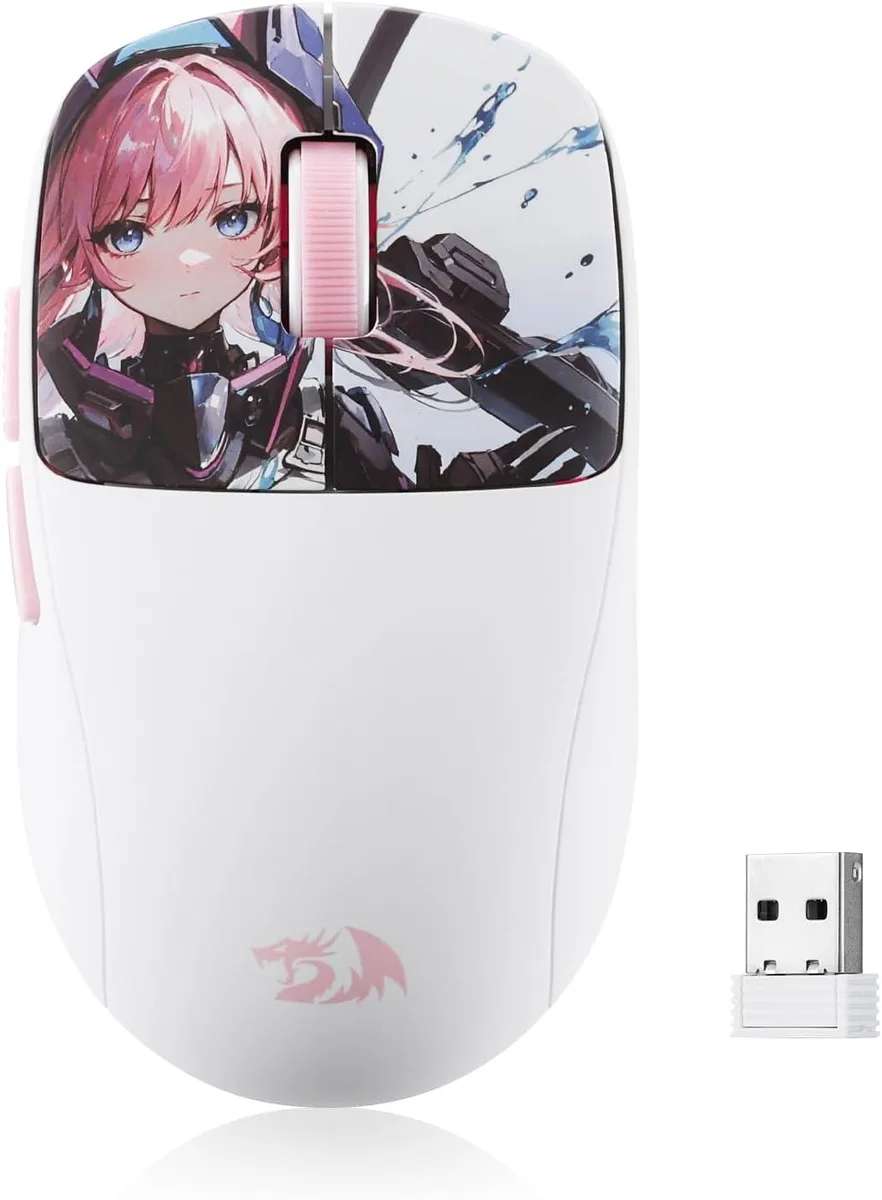 Small lightweight wireless gaming mouse with frosted finish and six buttons