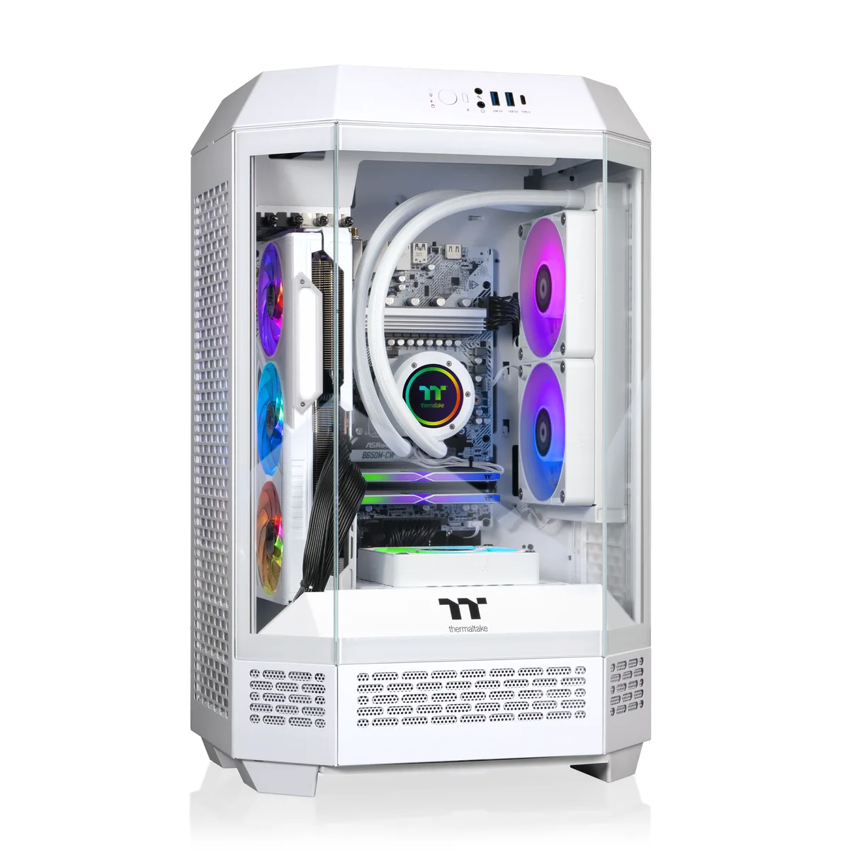 White mid-tower gaming PC with ARGB liquid cooling visible through glass panel