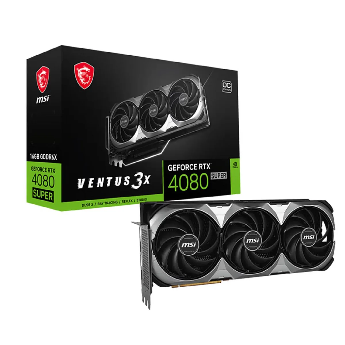 MSI RTX 4080 SUPER Ventus 3X OC graphics card with three axial fans and metal backplate