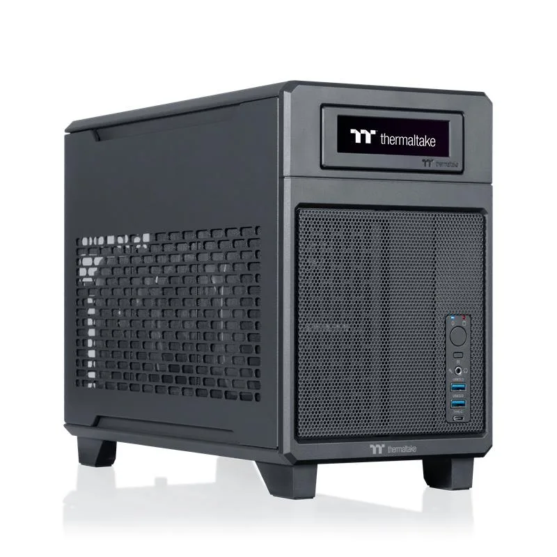 Compact black Mini-ITX desktop with liquid cooling visible through side panel