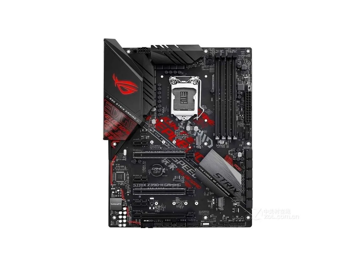 ATX motherboard with black PCB and silver heatsinks