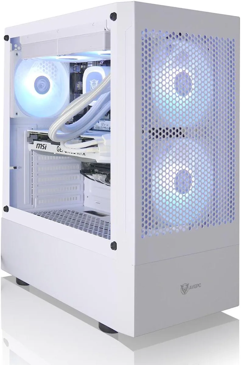 White mid-tower gaming desktop with RGB air cooler visible inside