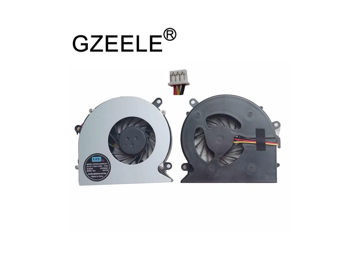 Small black laptop CPU cooling fan with plastic housing and wire connector