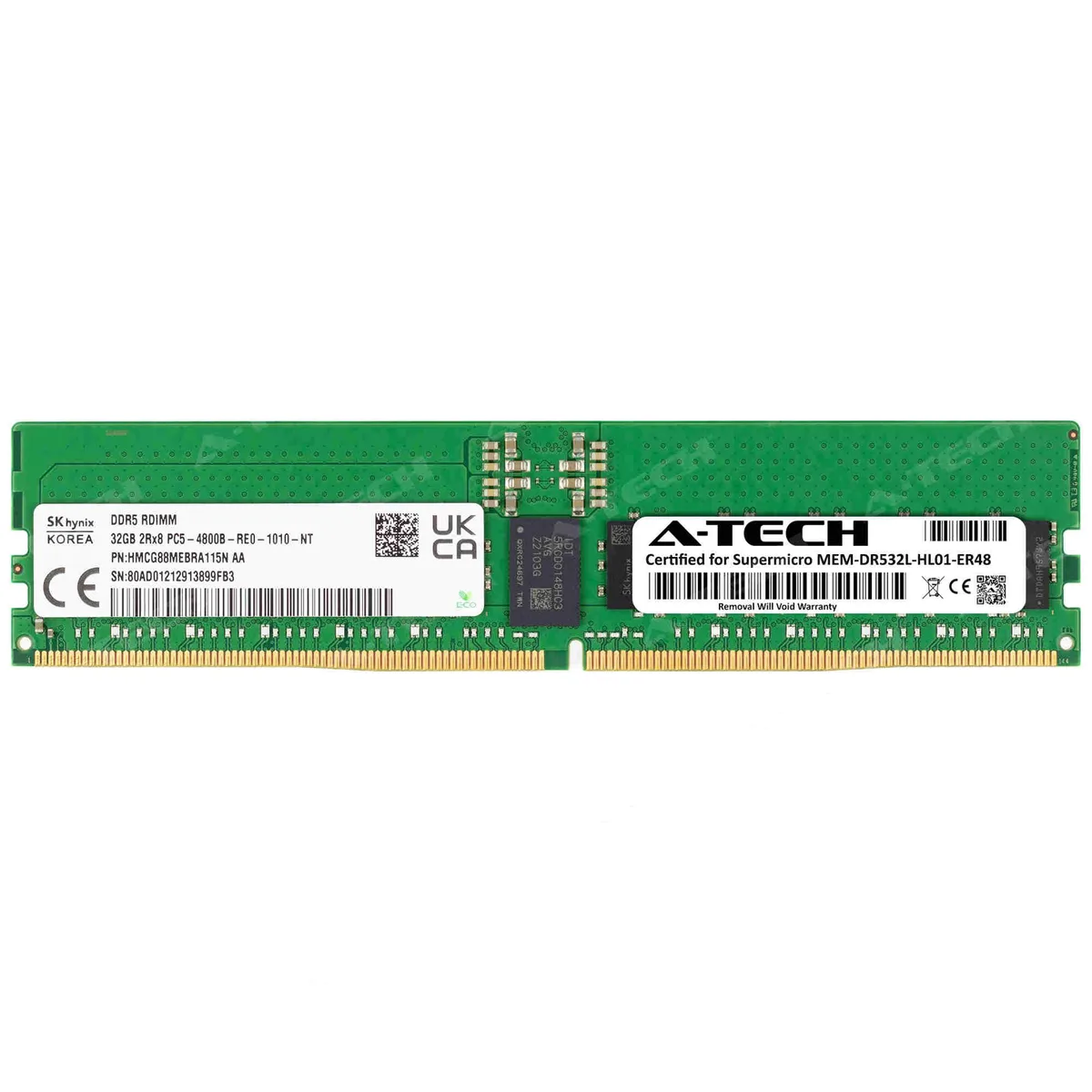 Green rectangular DDR5 RDIMM module with black chips and gold contacts