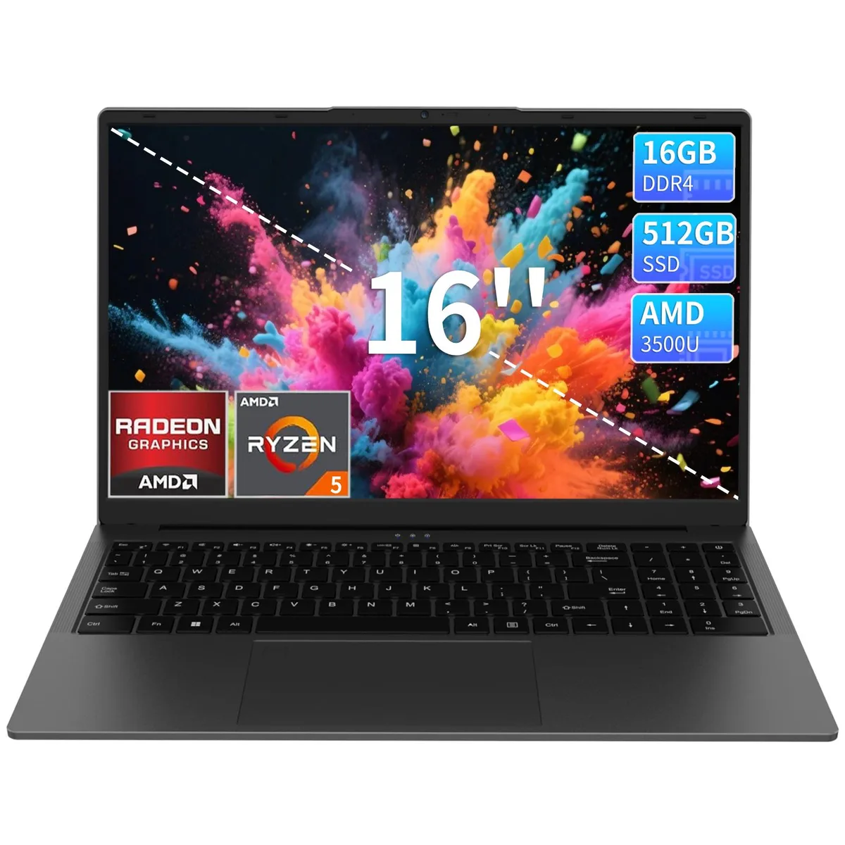 Gray thin-and-light 16-inch laptop with IPS display, backlit keyboard and fingerprint reader