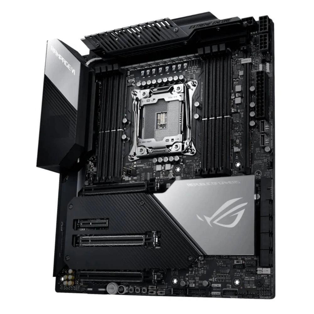ATX motherboard with black PCB and silver heatsinks, LGA 2066 socket, eight DDR4 slots, multiple PCIe x16 slots