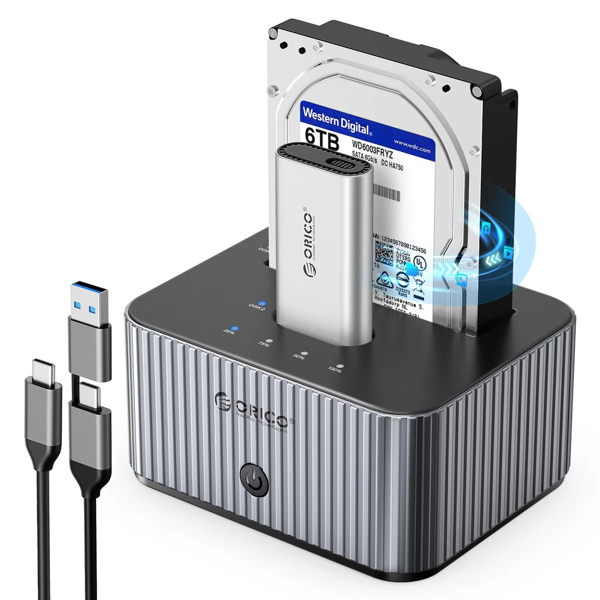Gray two-bay aluminum dock with M.2 and SATA slots, USB-C cable and power adapter