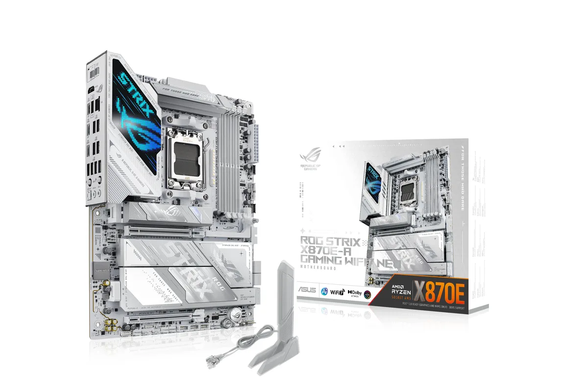 ATX motherboard in dark finish with four DDR5 slots and large heatsinks