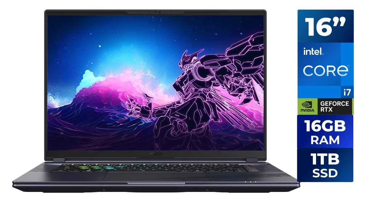 Midnight Gray gaming laptop, 16 inch WQXGA screen, thin tapered profile