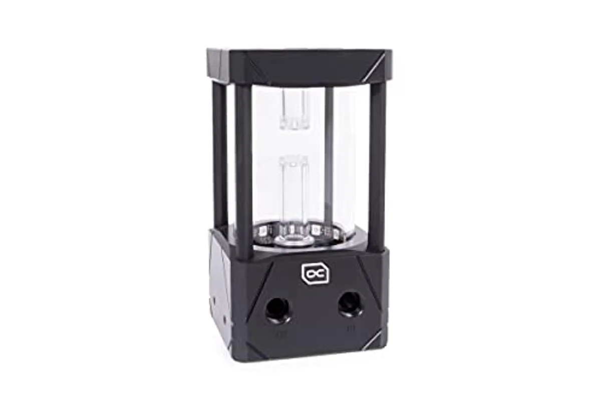Black acetal D5 reservoir body with 150mm clear glass tube and bottom RGB LED ring
