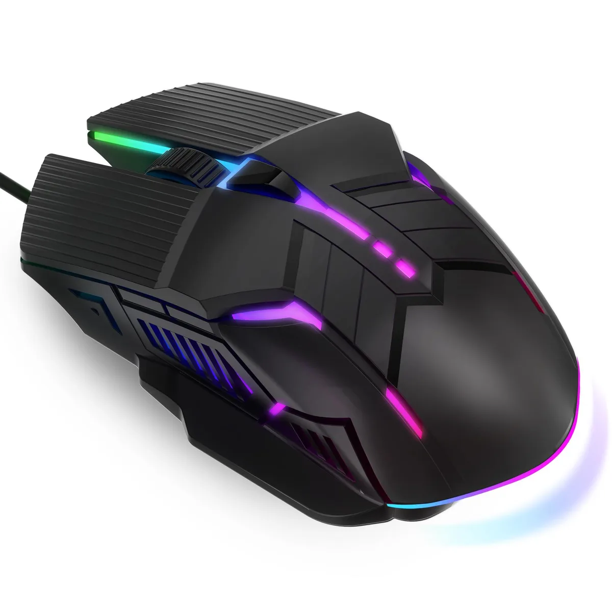 Black wired gaming mouse with six buttons and RGB lighting