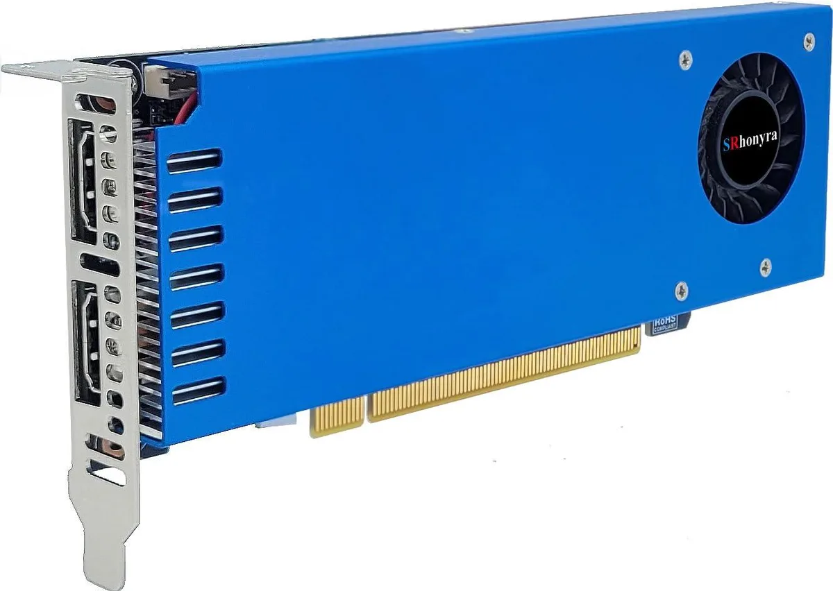 Blue low-profile graphics card with single fan, HDMI and DisplayPort outputs