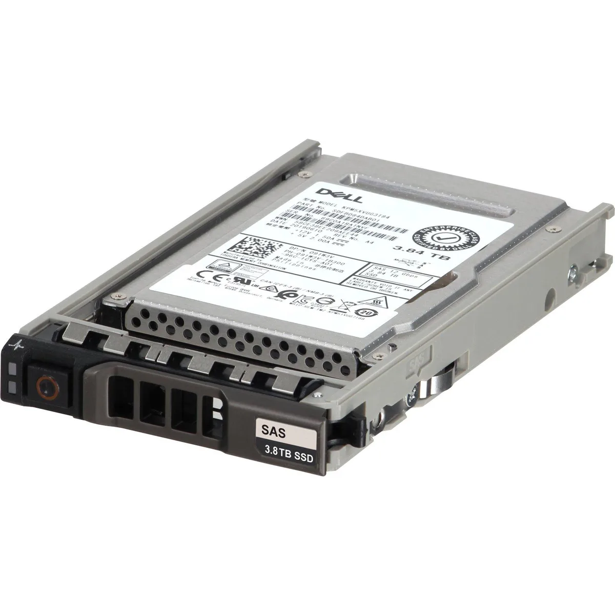 Rectangular 2.5 inch SAS SSD with silver metal casing and green circuit board visible