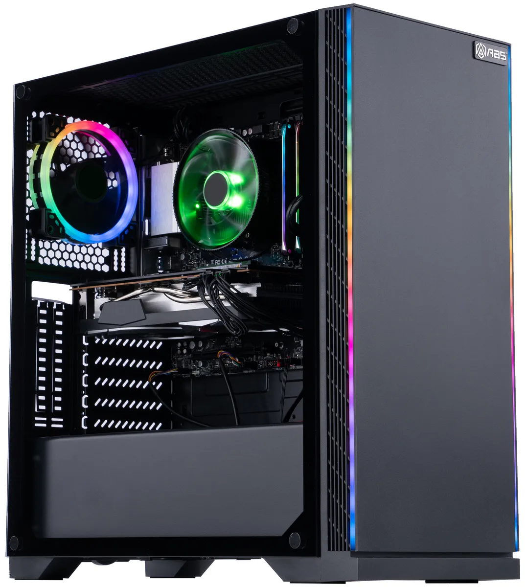 Black mid-tower gaming desktop with RGB memory and rear fan