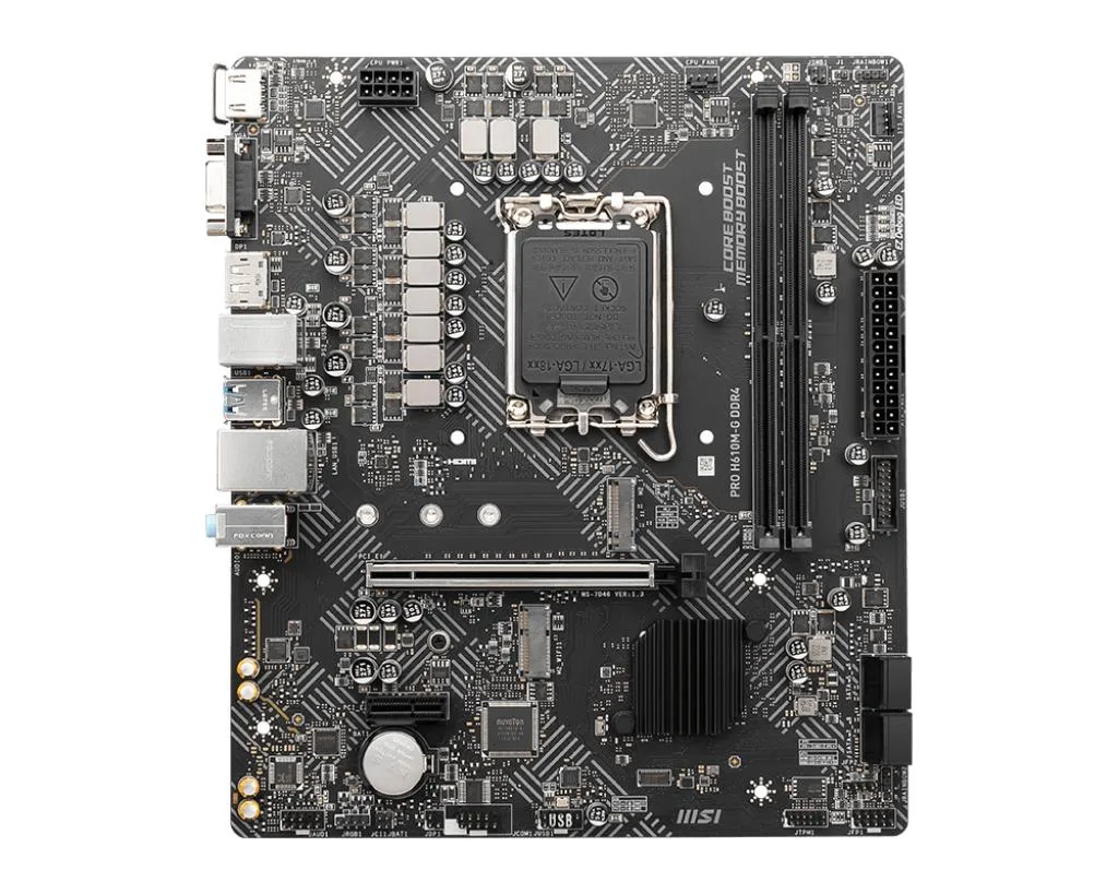 MSI PRO H610M-G DDR4 micro-ATX board, dark PCB, silver I/O shield, LGA 1700 socket, two RAM slots, PCIe x16 and x1, M.2 WIFI1 key