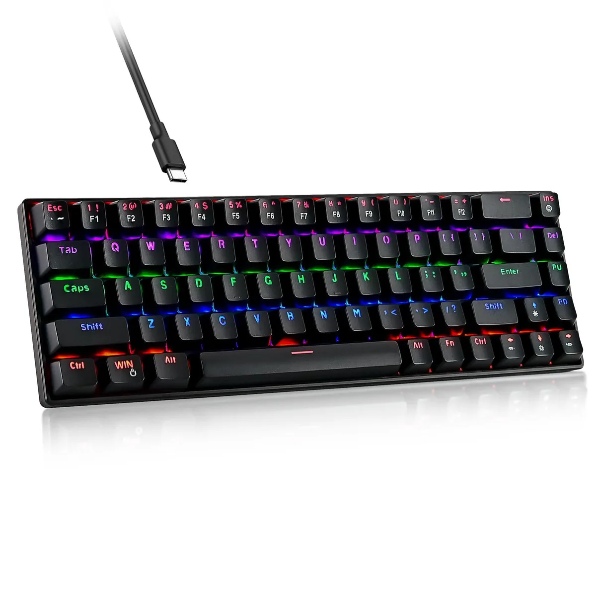 Black ultra-compact 67-key wired mechanical gaming keyboard with RGB backlighting