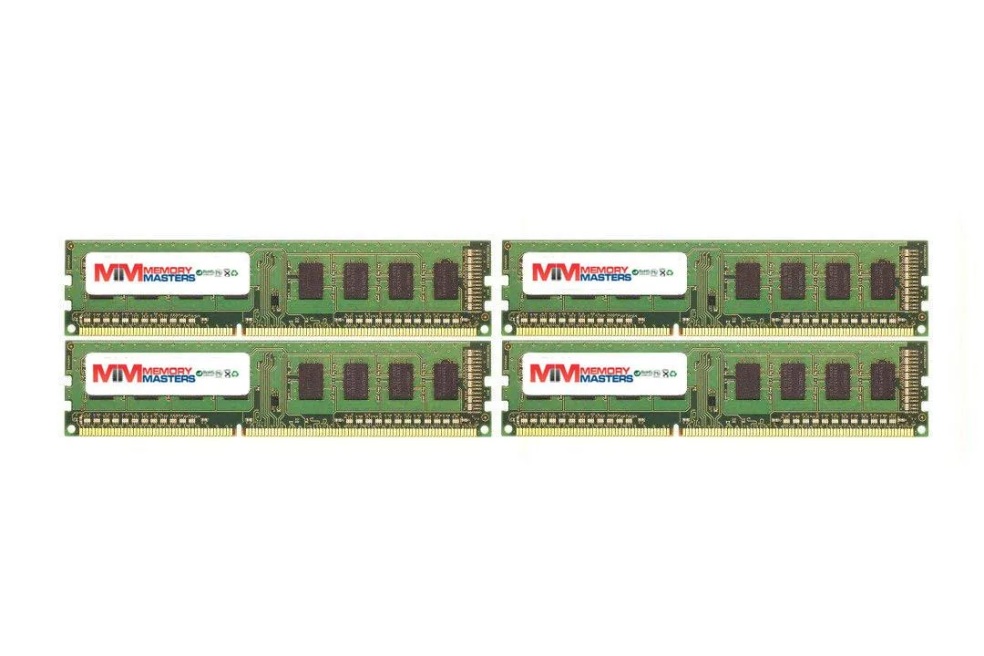 Four green DDR3 UDIMM sticks with black chips and gold contacts