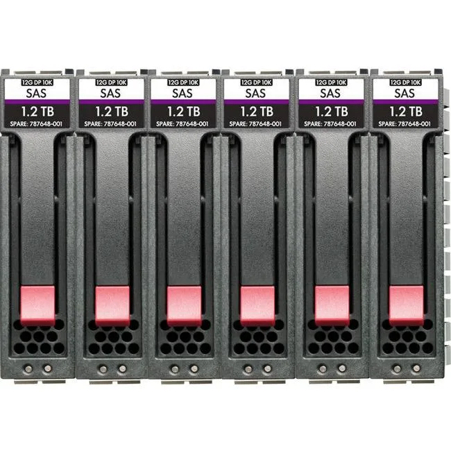 Six 3.5 inch HPE SAS hard drives in a pack