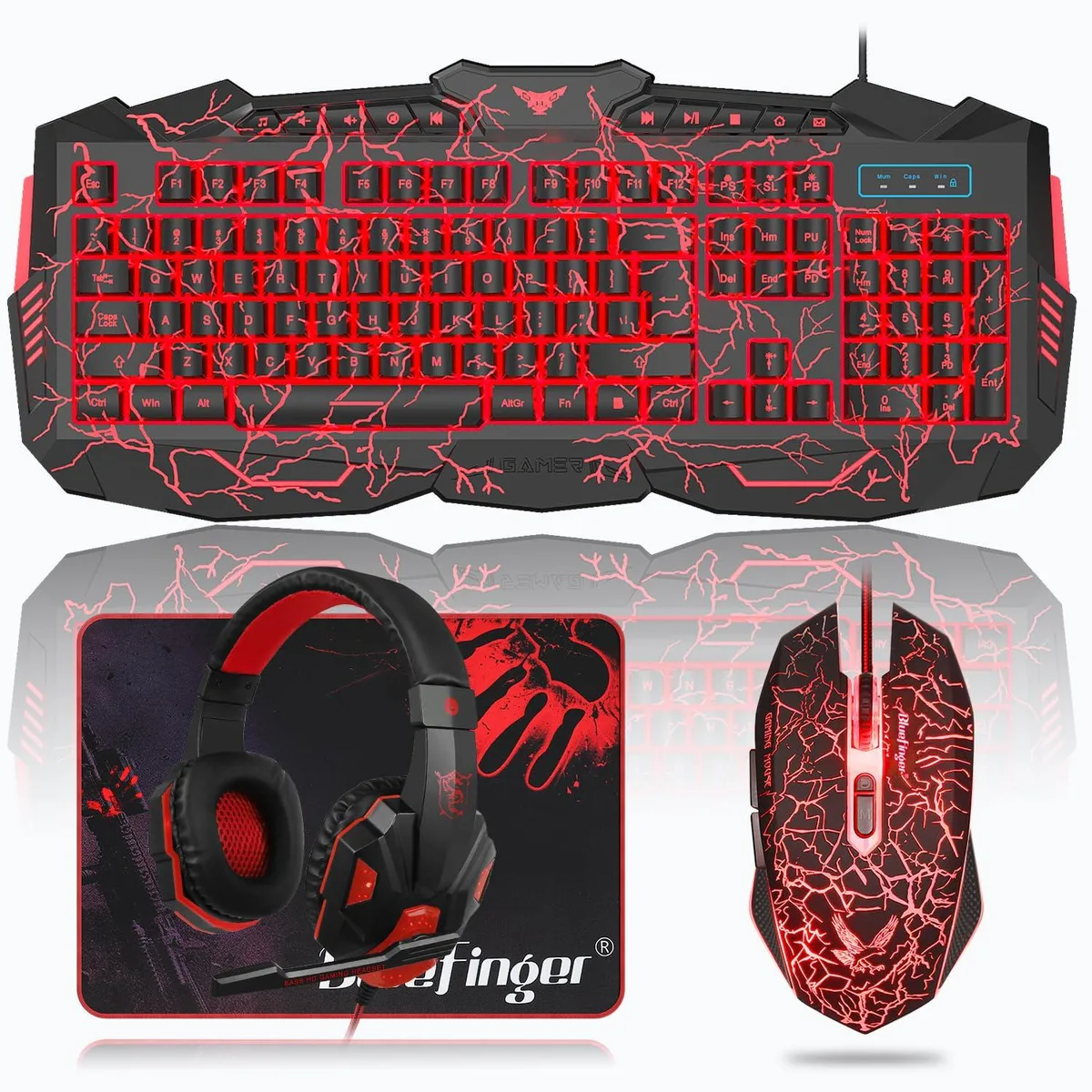 Black 114-key cracked backlit keyboard with USB mouse and red LED headset