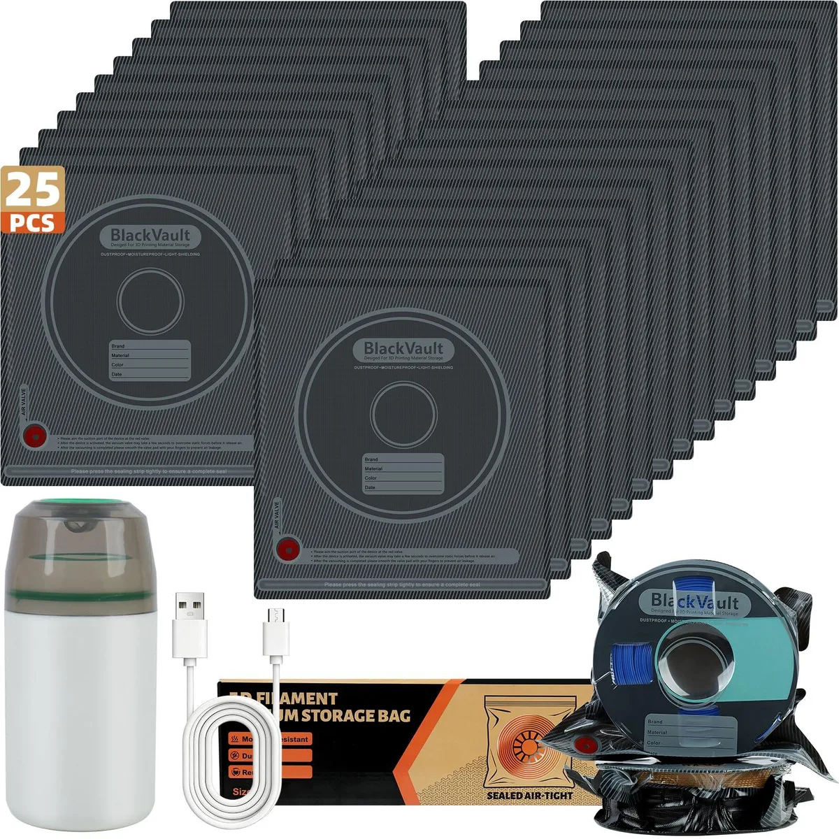 25 clear vacuum bags with black backs, a USB pump and five sealing clips