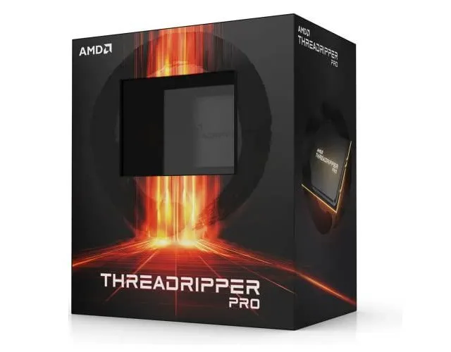Square metallic processor with gold contact pads and green substrate, AMD Ryzen Threadripper PRO branding visible
