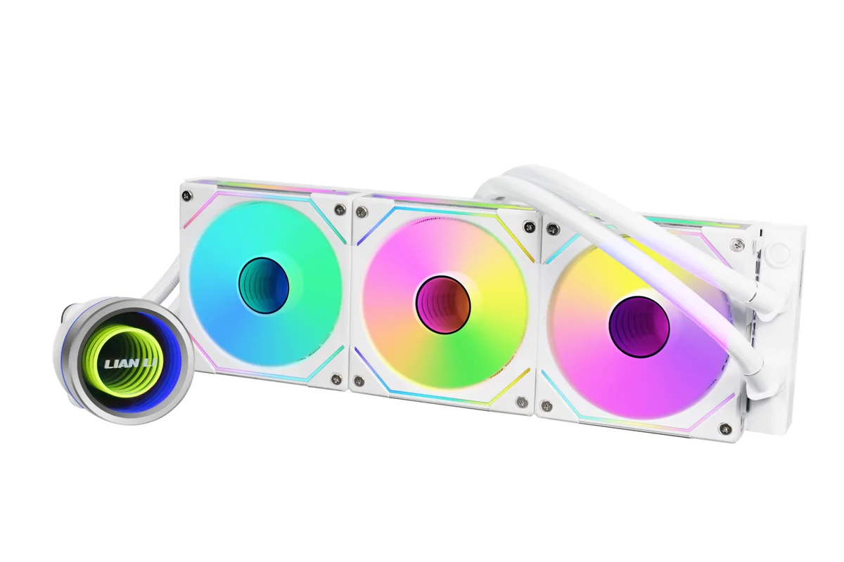 White 360 mm liquid cooler with three 120 mm ARGB fans and matching pump block