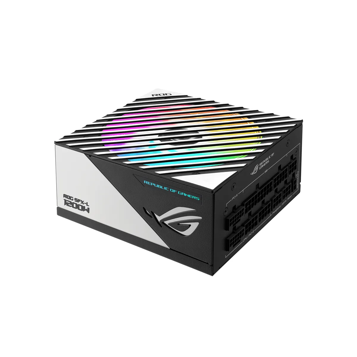 Black SFX-L power supply with 120mm ARGB fan and modular cables