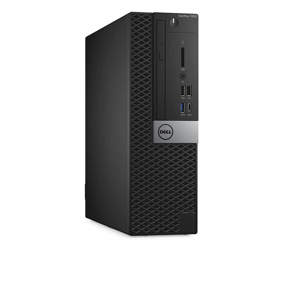 Compact black small-form-factor desktop tower with front panel ports and ventilation slots