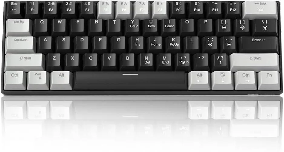 Compact 60% mechanical keyboard with mixed colour keycaps and blue LED backlighting