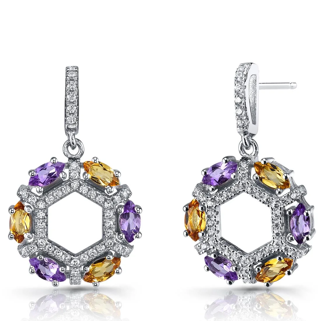 Oravo Oravo Amethyst Citrine Hexagon Dangle Earrings Sterling Silver 1.2 ct 4.5 g SE8612 — toote foto