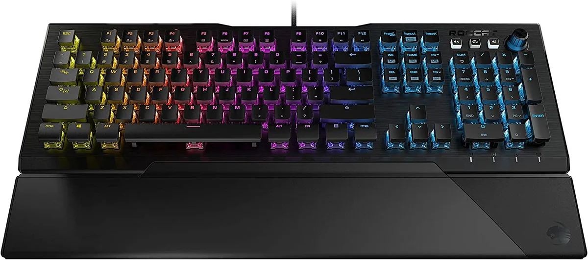 Black mechanical gaming keyboard with low-profile tactile switches, anodized aluminium top plate, per-key RGB lighting