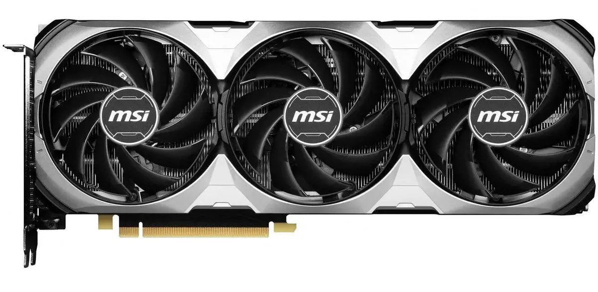 Silver triple-fan graphics card with exposed heat pipes and backplate