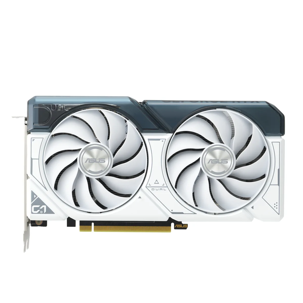 White dual-fan graphics card with silver backplate and 8-pin power connector