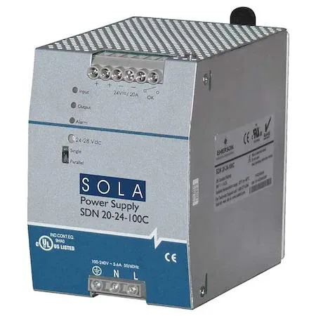 Rectangular metal DIN rail power supply with green yellow red status LEDs
