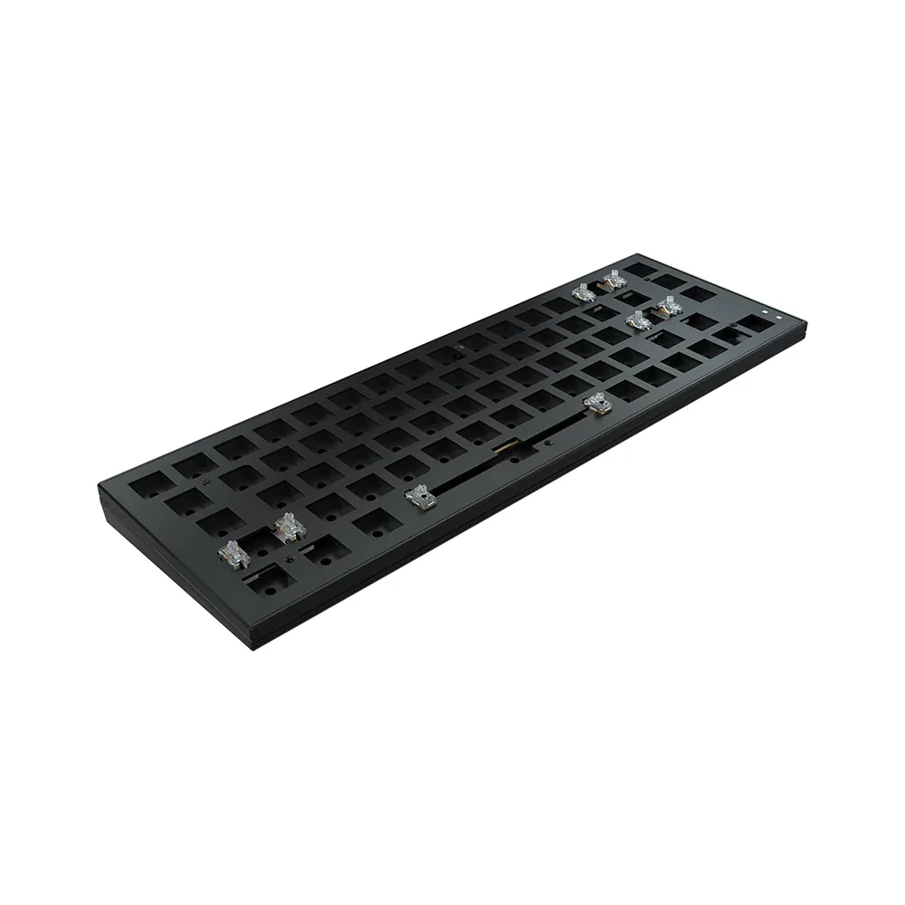 White compact barebones keyboard base with RGB strip lighting, no keycaps or switches installed