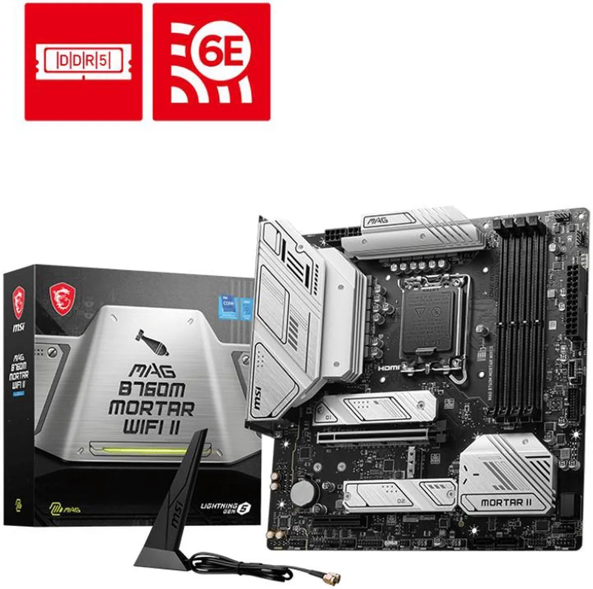 Micro-ATX motherboard in dark grey with silver heatsinks and black PCB