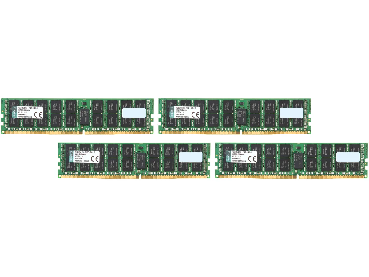 Four green DDR4 modules with silver heatspreaders and gold contacts
