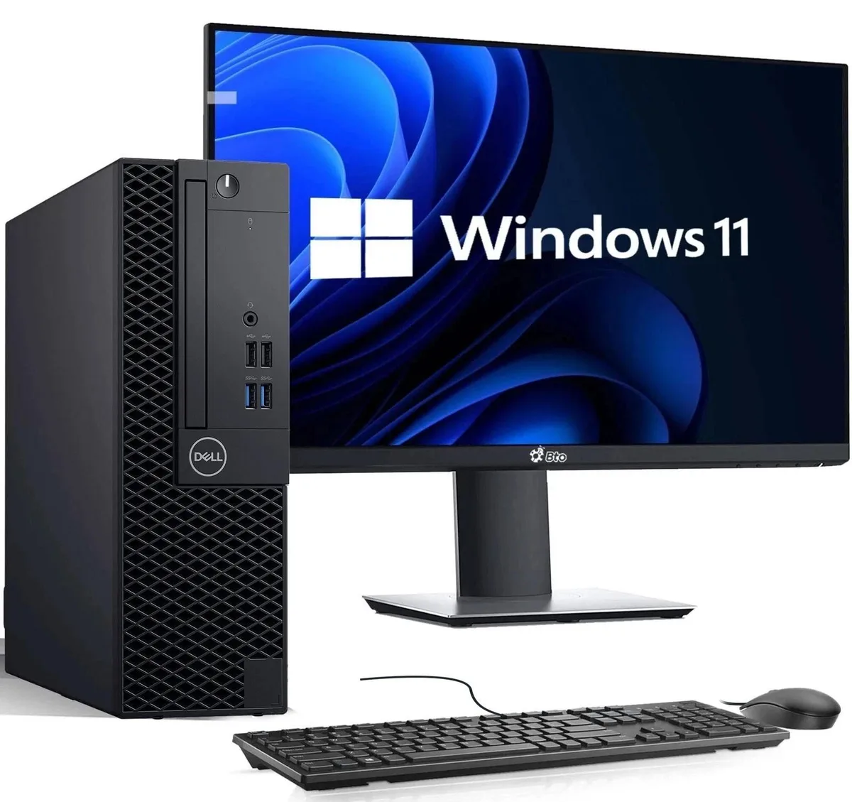 Small black tower PC with 22 inch monitor, keyboard and mouse