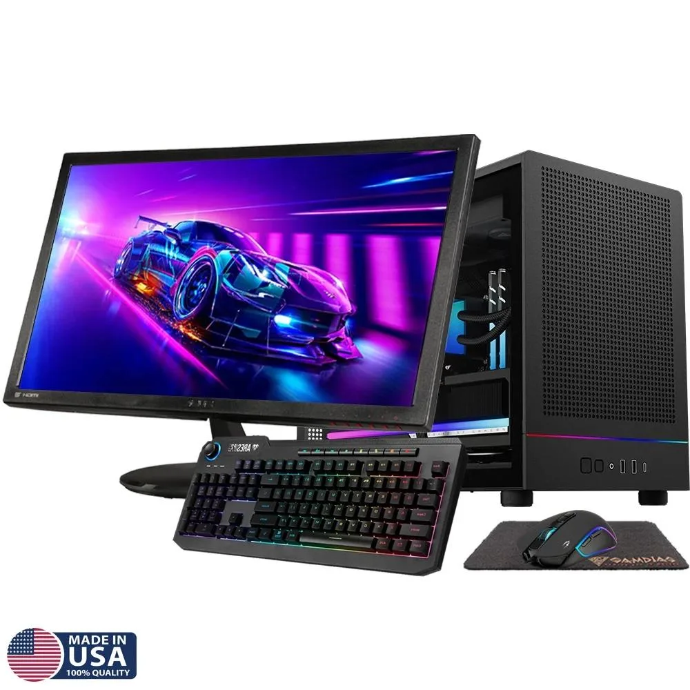 Compact micro-tower desktop with RGB lighting, includes monitor keyboard and mouse