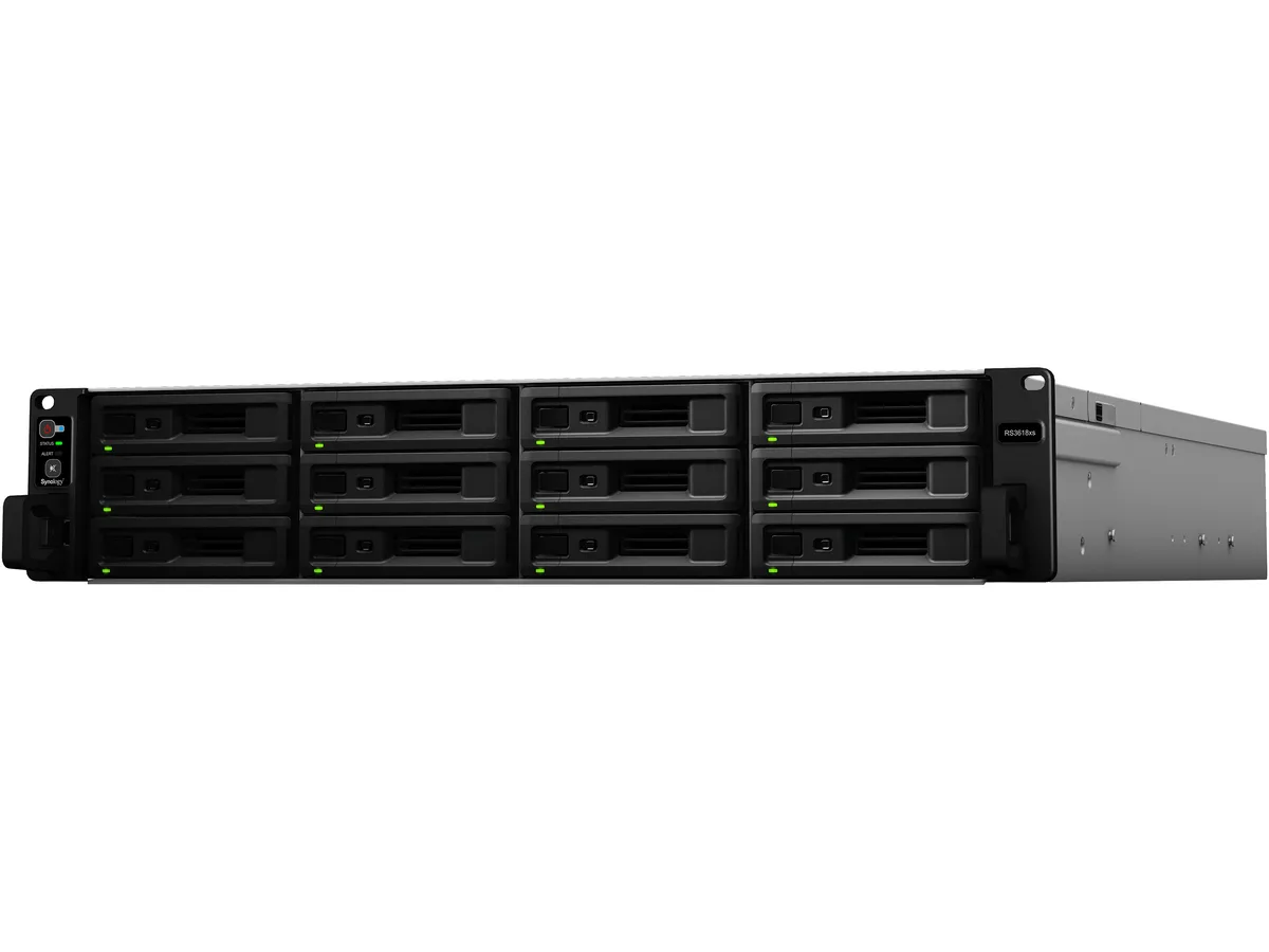 Silver 2U rackmount chassis with twelve front drive bays and four rear network ports