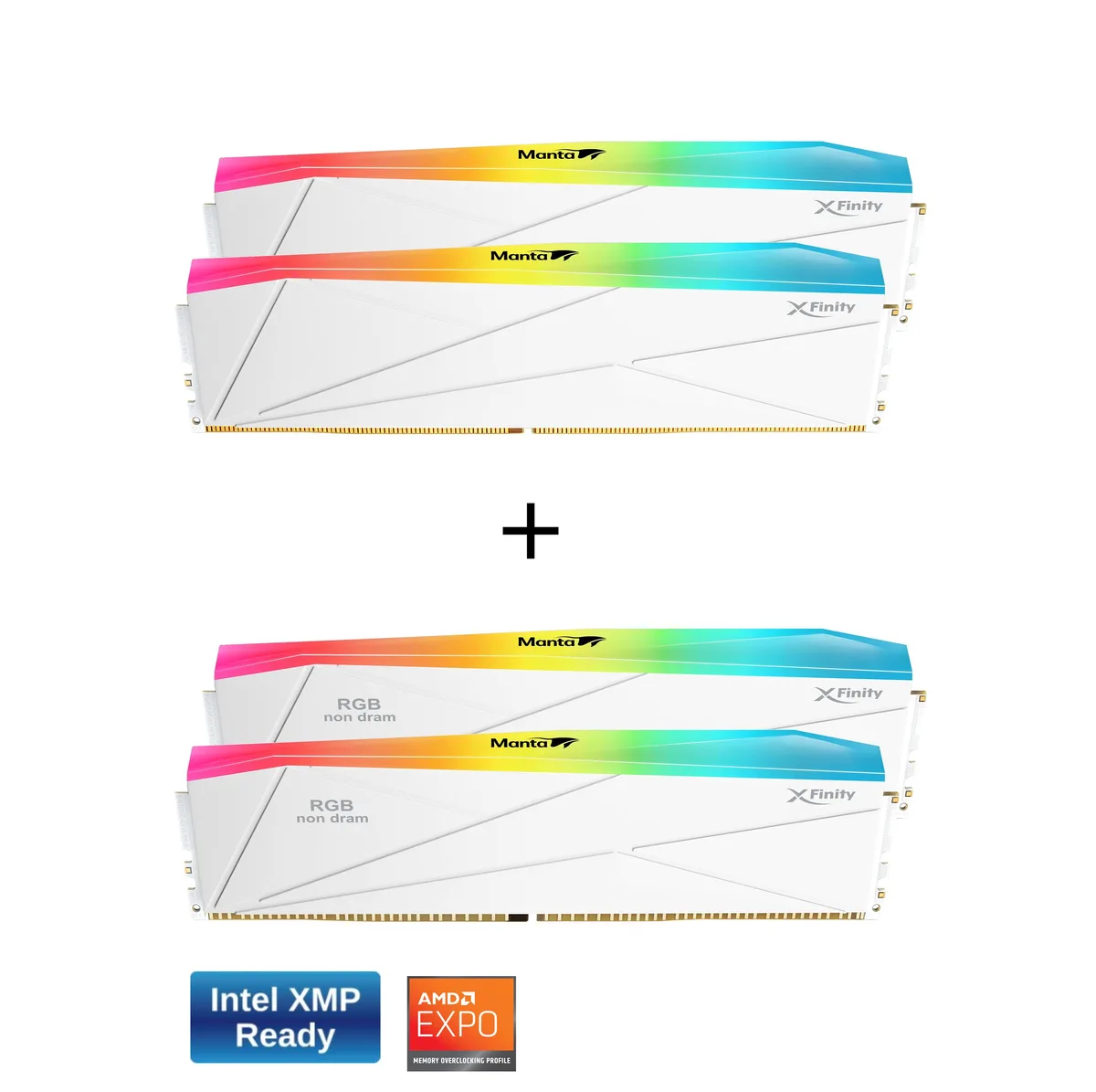 Two white DDR5 memory modules and two matching RGB filler sticks with light bars