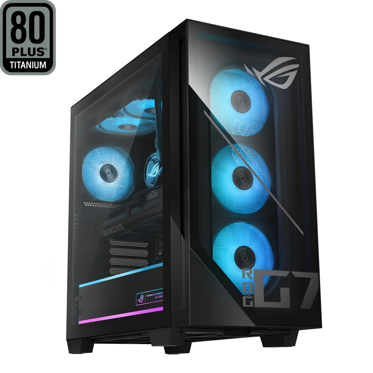 Black tower desktop with transparent front and side panels