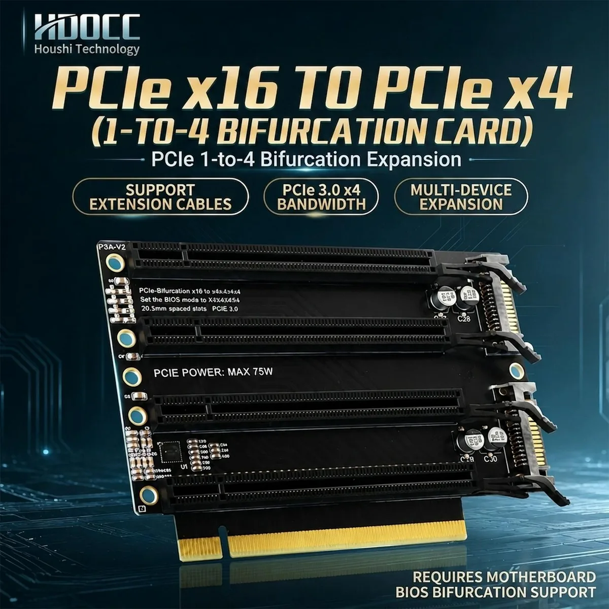HOOCCC HOOCCC PCIe 3.0 x16 to 4 x4 Bifurcation Expansion Card 20mm SATA Power — תמונת המוצר
