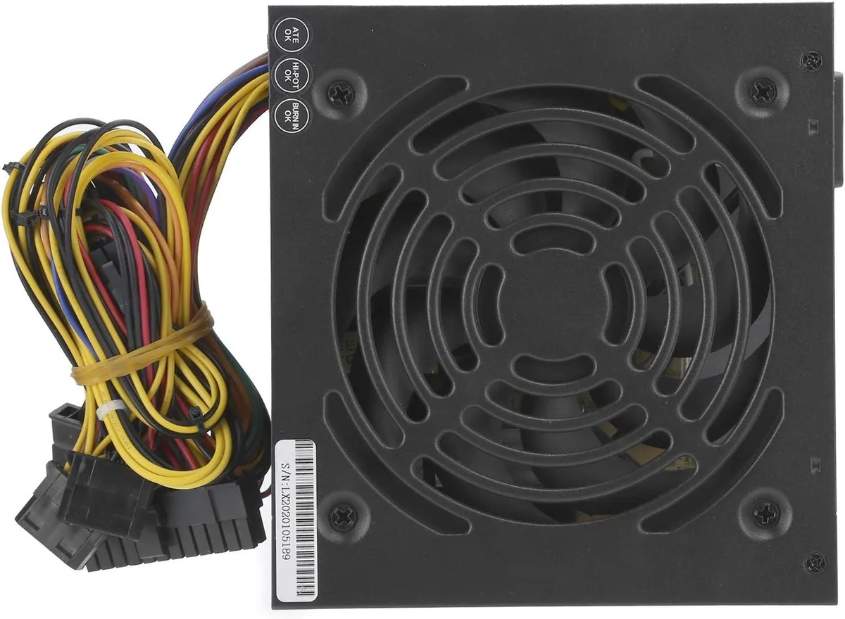 Rectangular metal PSU with fan grill and cable
