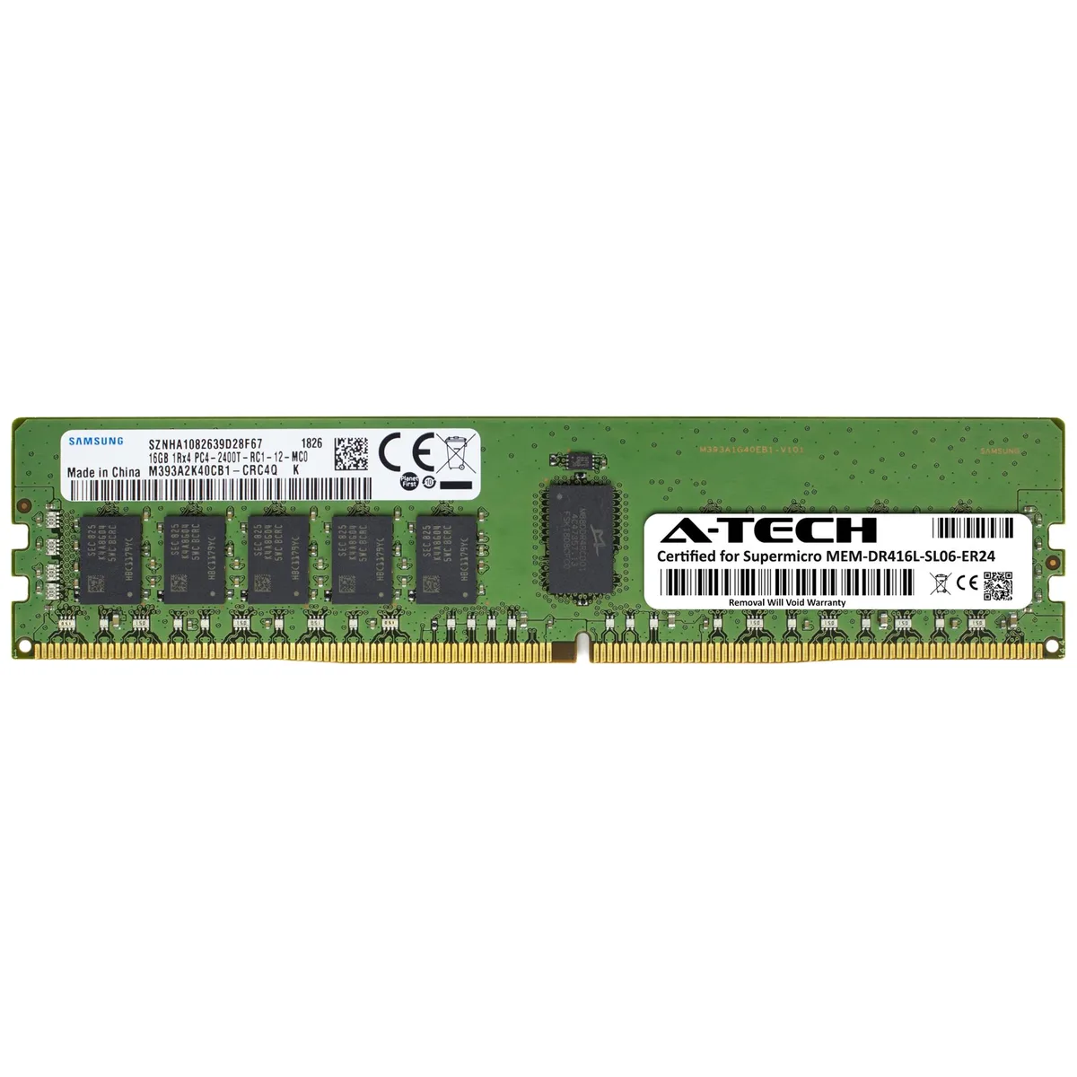 Green printed circuit board with black memory chips and gold edge connectors