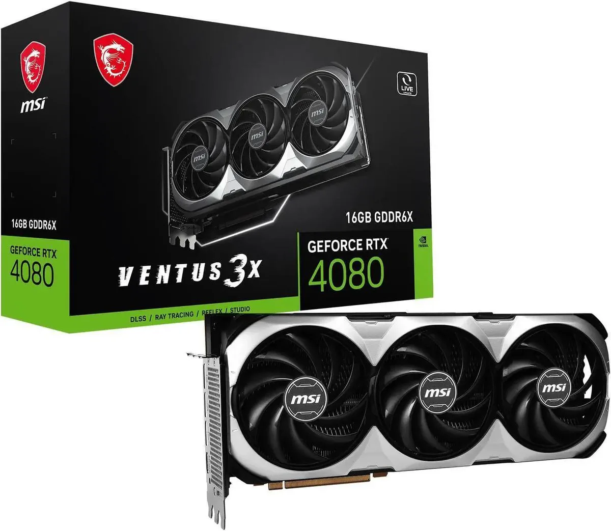 MSI GeForce RTX 4080 Ventus 3X triple-fan graphics card with dark metal shroud and backplate
