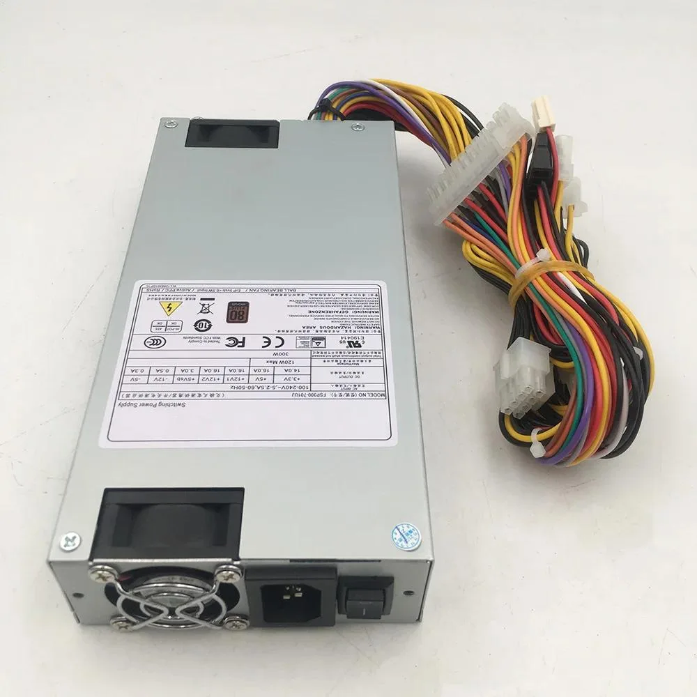Compact 1U silver metal power supply unit with rear fan grille and side label